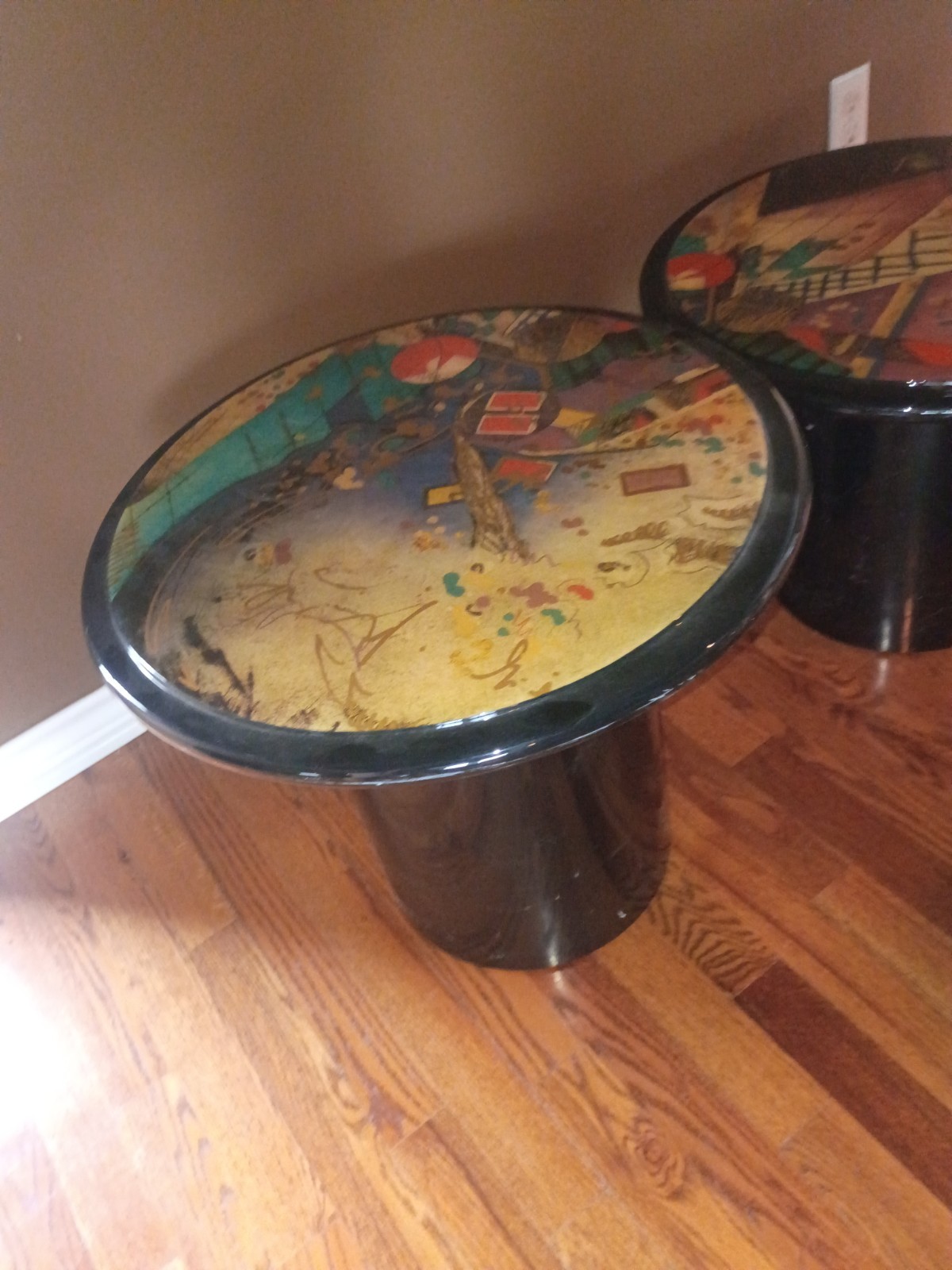 Set of 3 80’s Black Lacquer Mushroom Nesting Tables Abstract Art Tops.