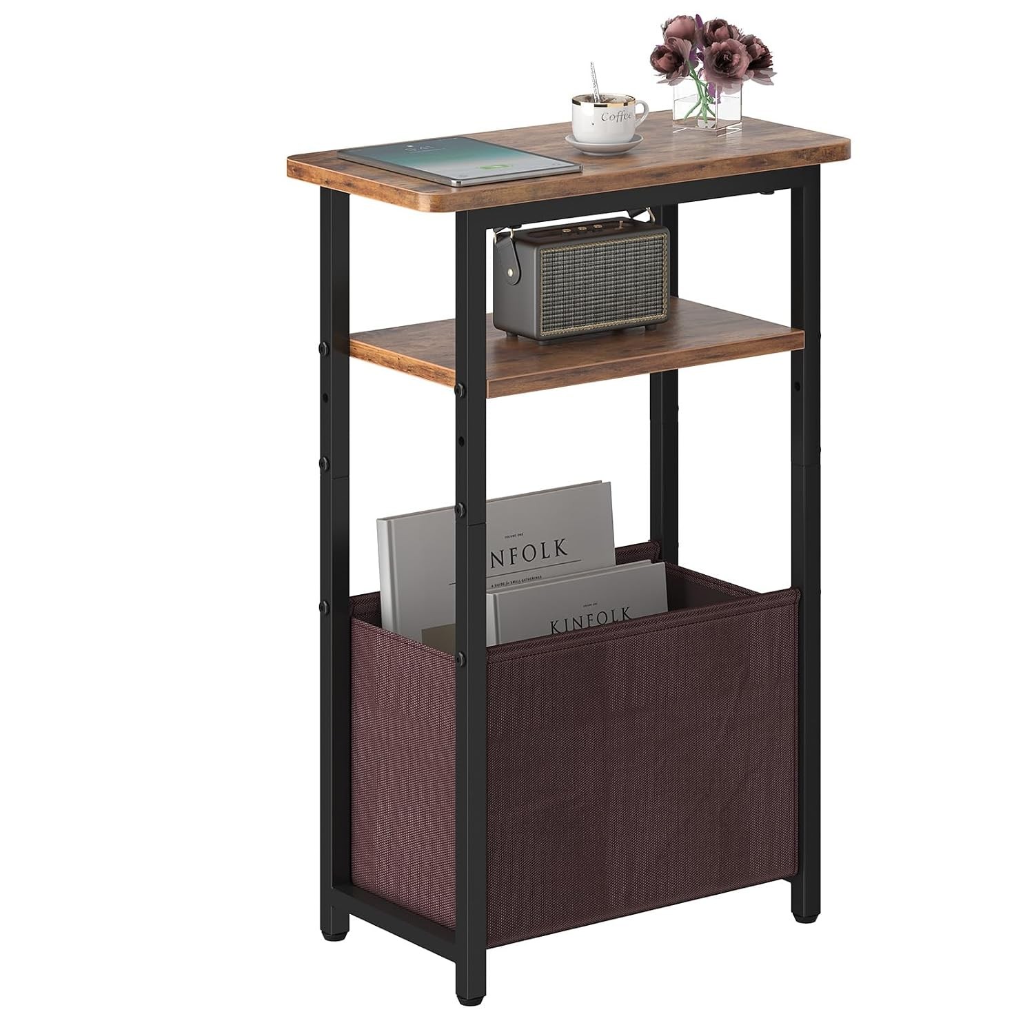 Rustic Brown Fabric Basket Narrow Small End Table 15.75″ x 7.85″ x 25.2″ Storage
