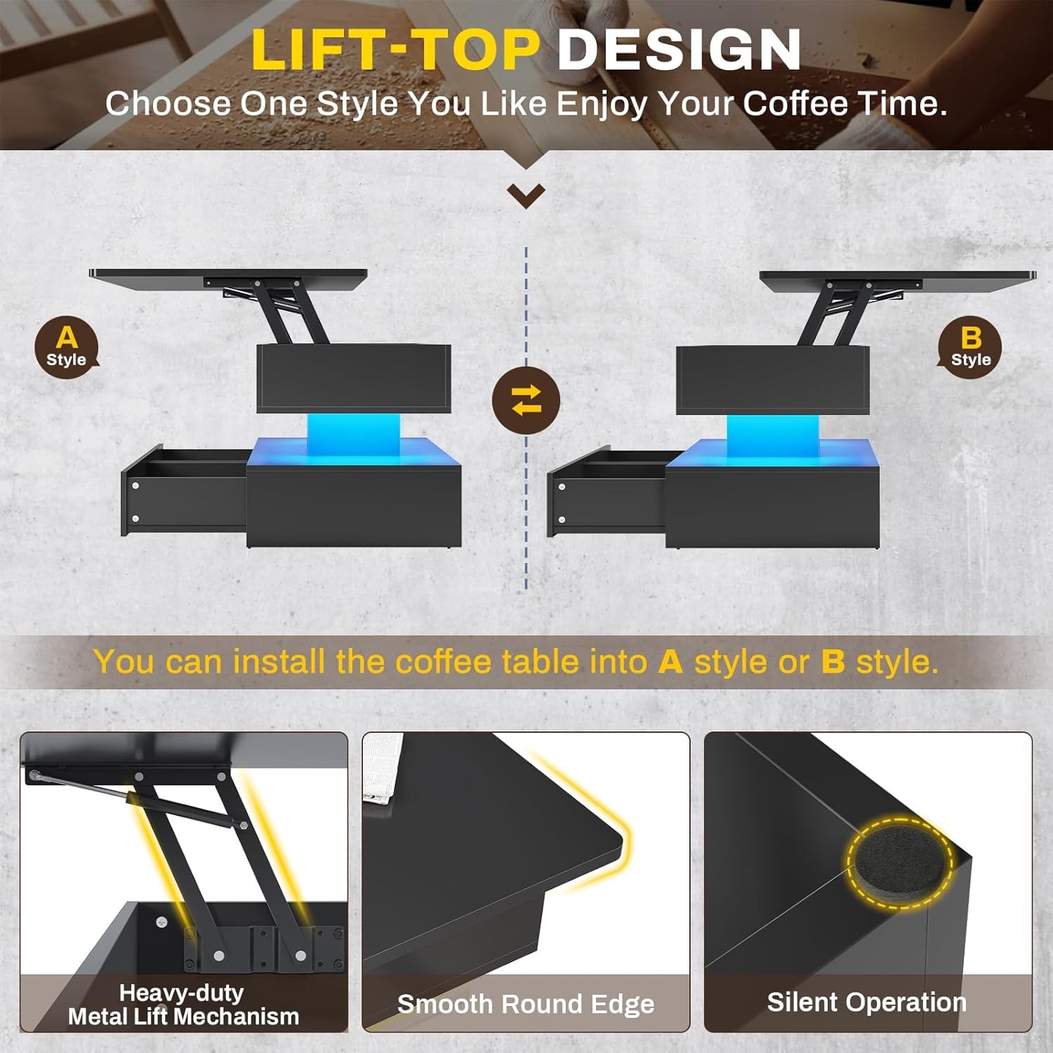 SEDETA Black 40″ Lift Top Coffee Table LED Lights 2 Drawers Storage Living