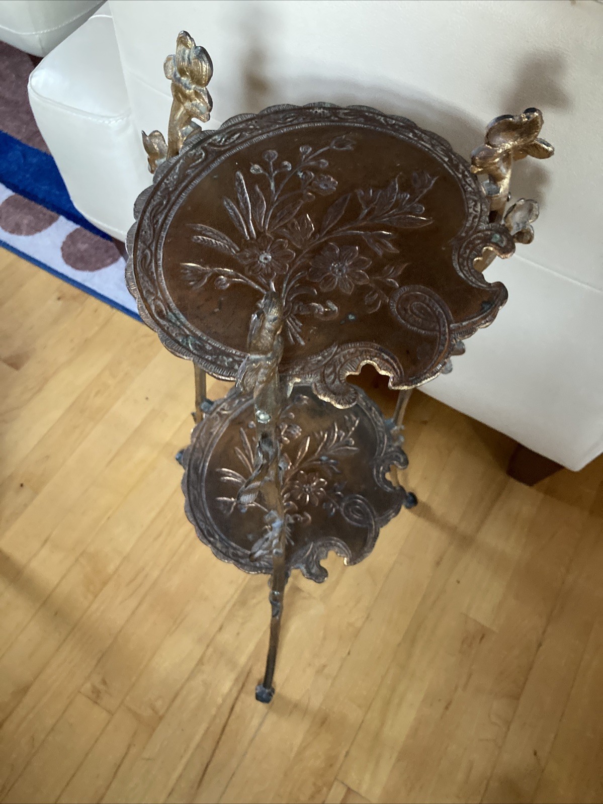 Art Nouveau Two Tier Brass Floral Side Table Plant Stand