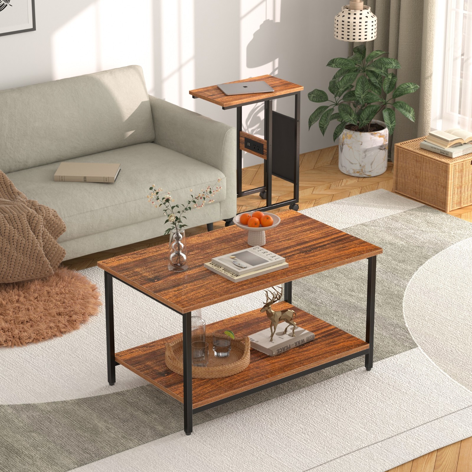 Set of 2 Adjustable Coffee Nesting Table with USB Port and Wheel for Living Room
