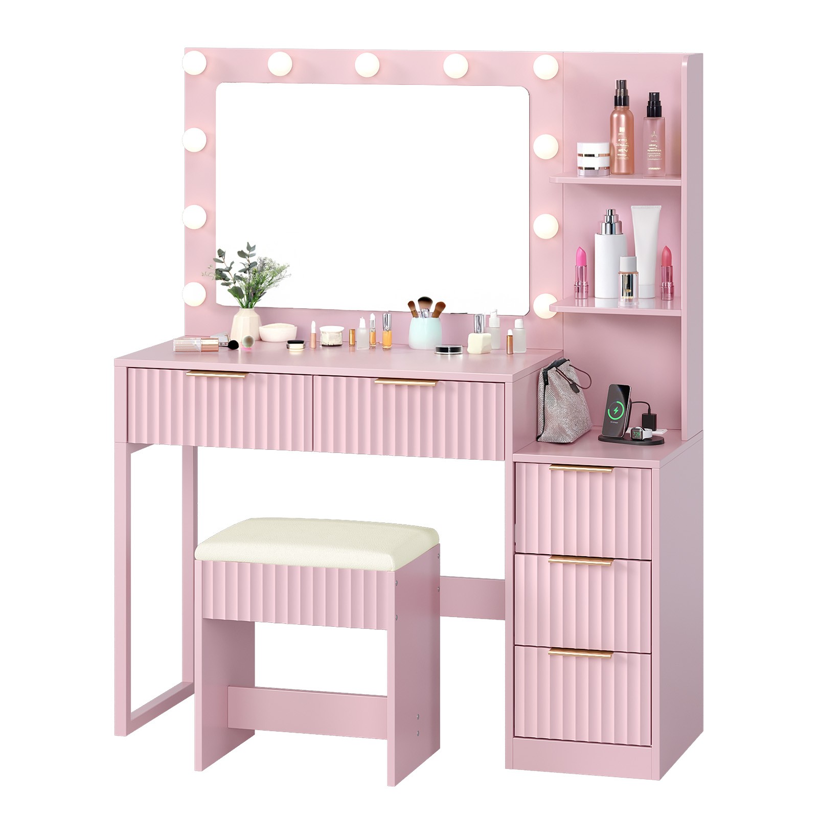Fluted Makeup Vanity Table Set with Lighted Mirror, 5 Drawers, Outlets for Girls