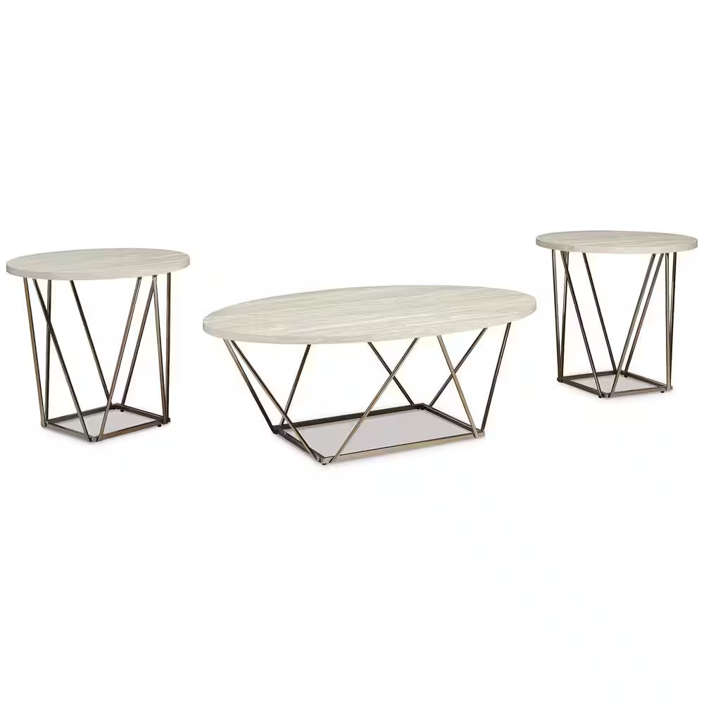 Tarica 47 In. White/Gold Oval Faux Marble Coffee Table with 2-Pieces