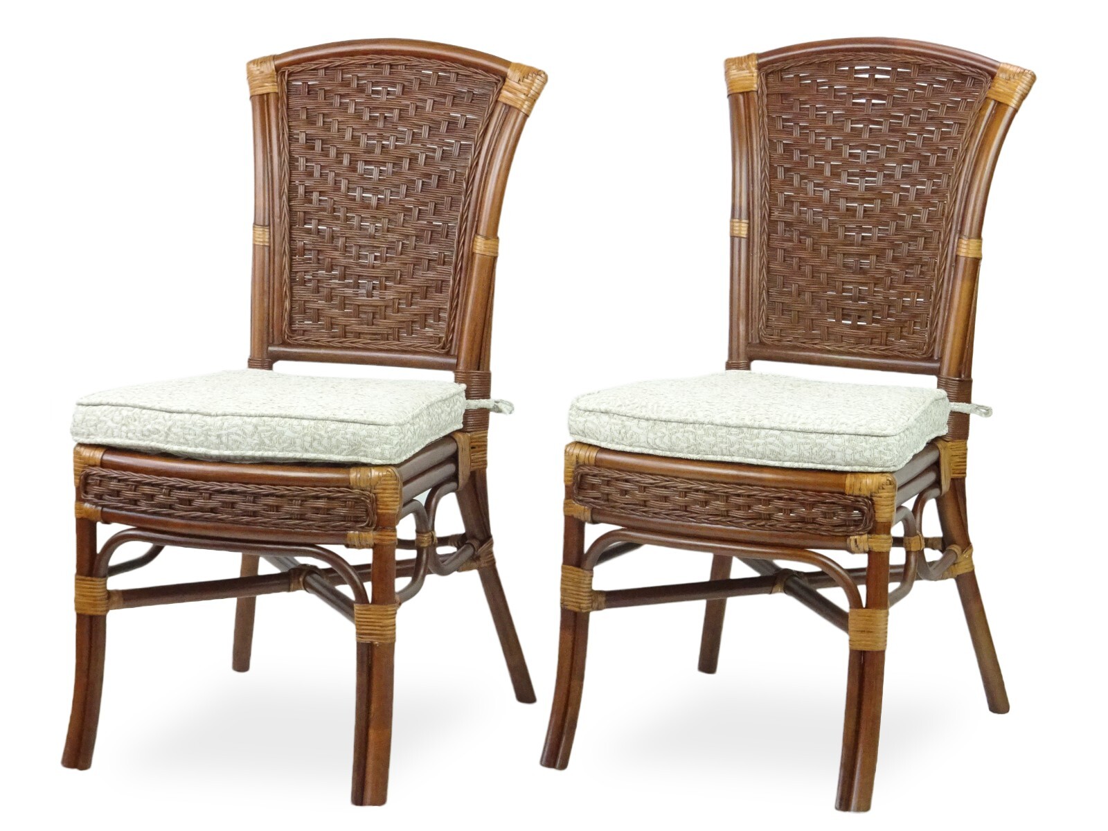 Set of 2 Alexa Dining Side Chair Natural Rattan Handmade w Cushion, Dark Walnut