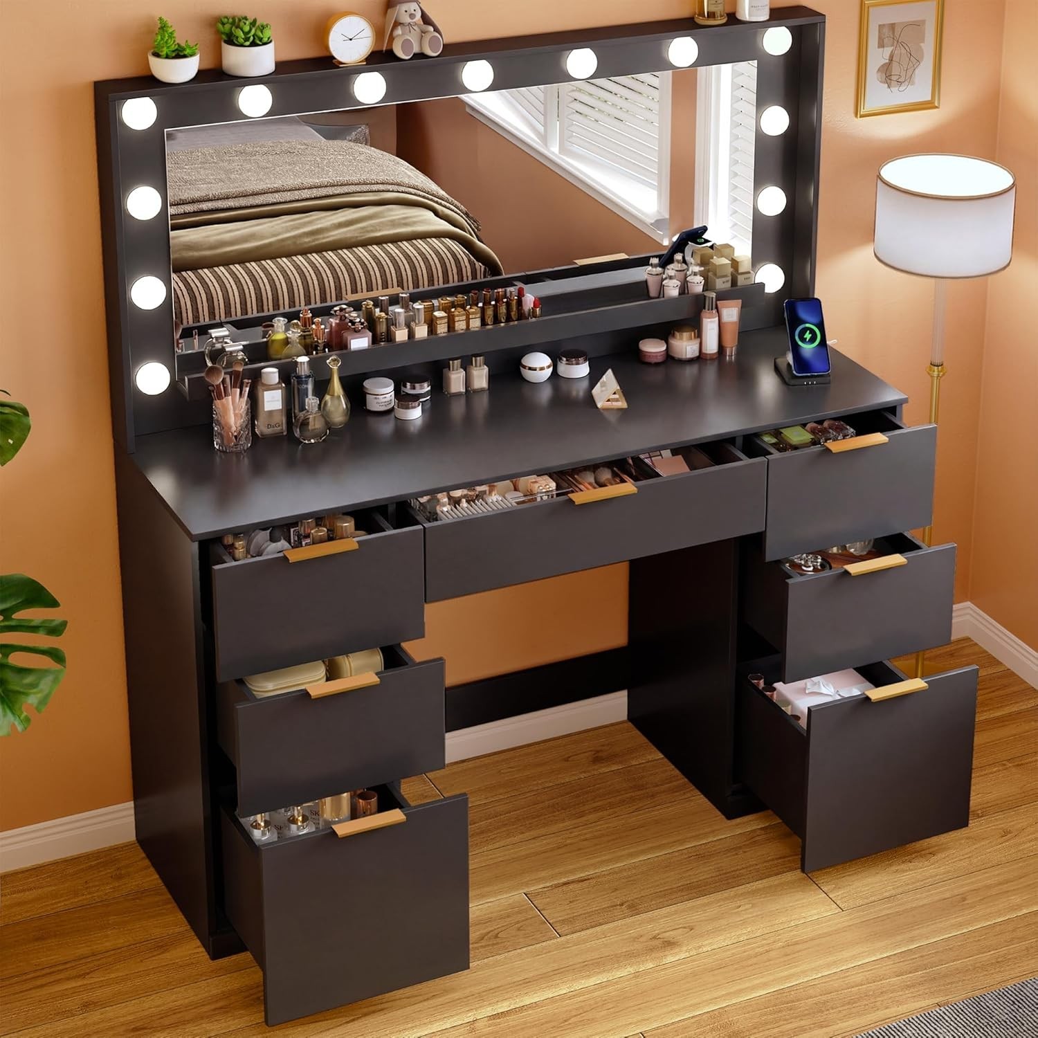 Vanity Desk with Mirror and Lights 45.3in Makeup Vanity with 7 Drawers
