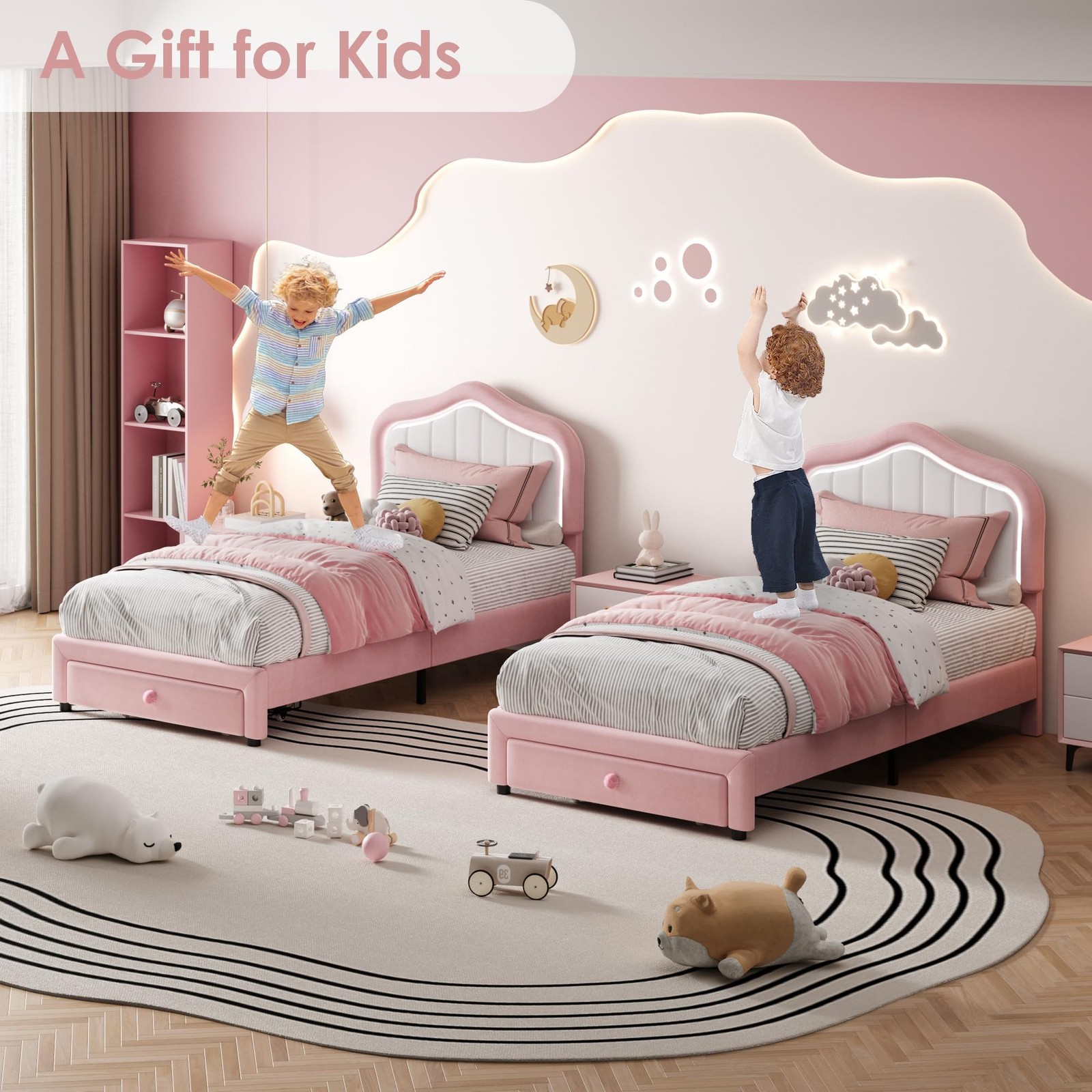 💎Upholstered Platform Bed Frame with Storage Drawers Smart RGB LED Headboard