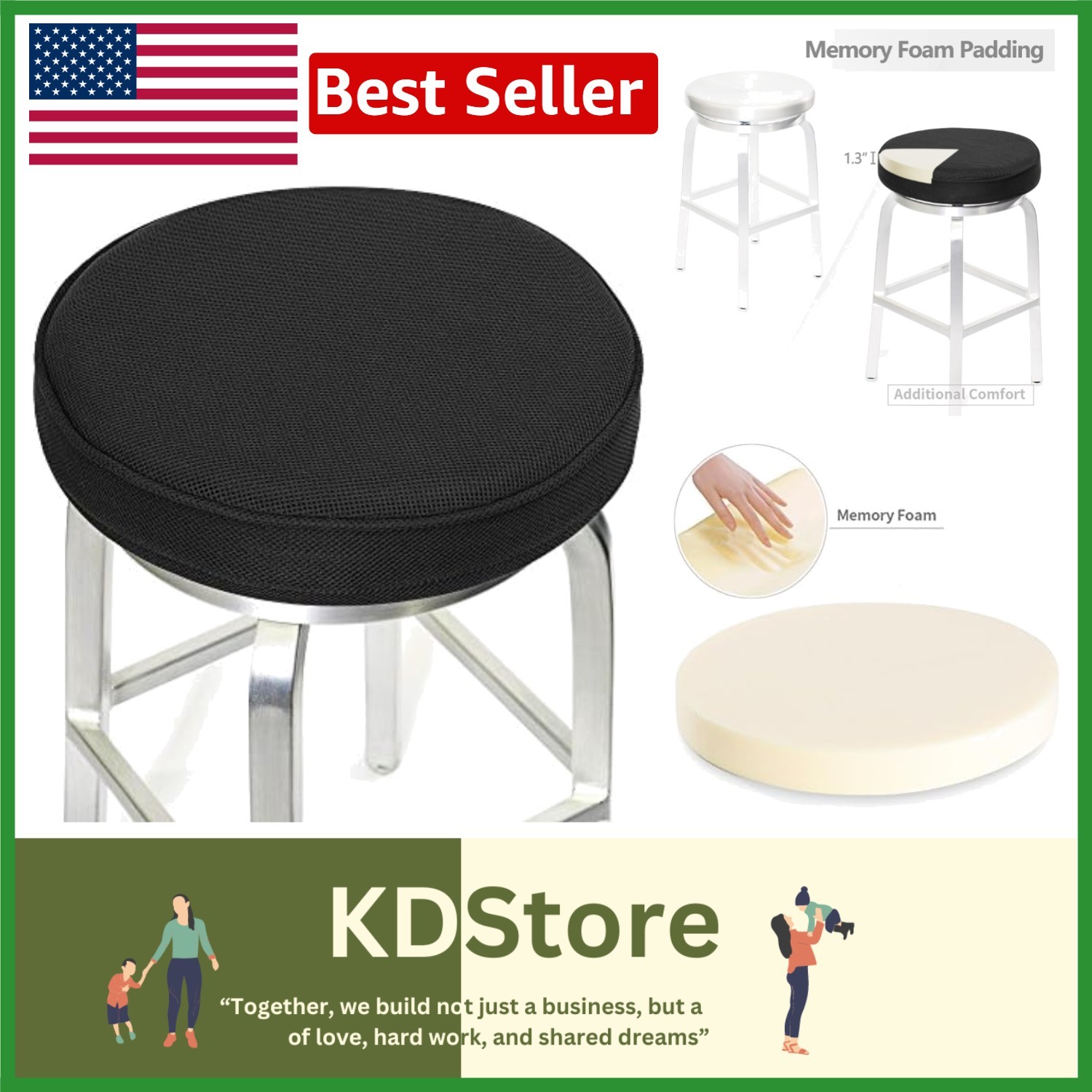 Black Memory Foam Bar Stool Cushion 14 Inch Non-Slip Seat Cover