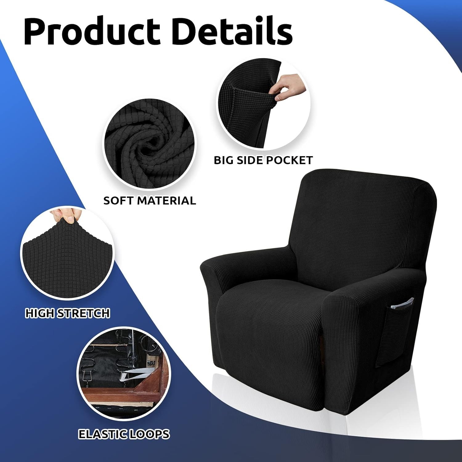Luxury Black Recliner Chair Cover – Stretchable Slipcover with Easy Care Fabric