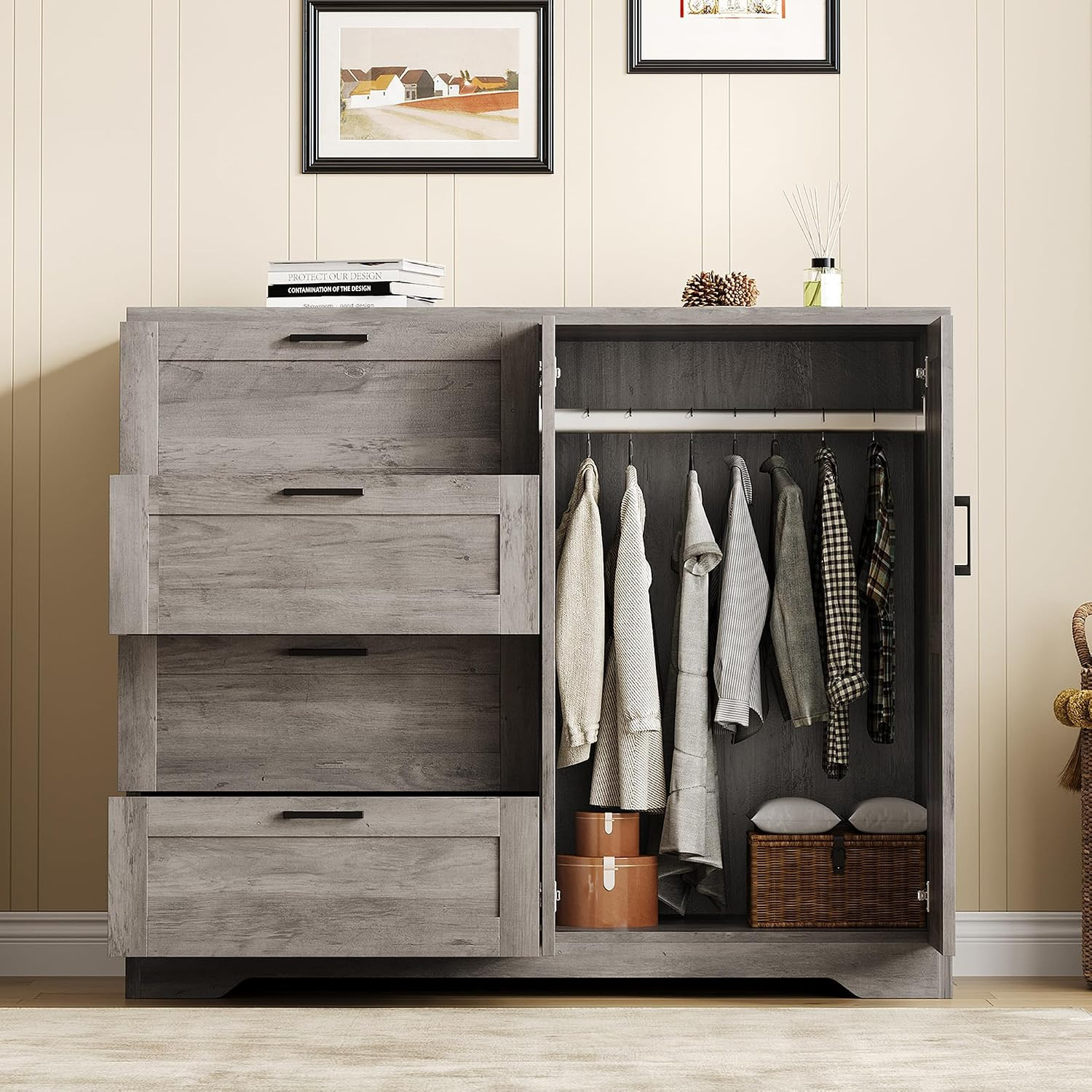 43.3” H Armoire Wardrobe Closet with 4 Drawers and 2 Doors, Hanging Rod, Multif