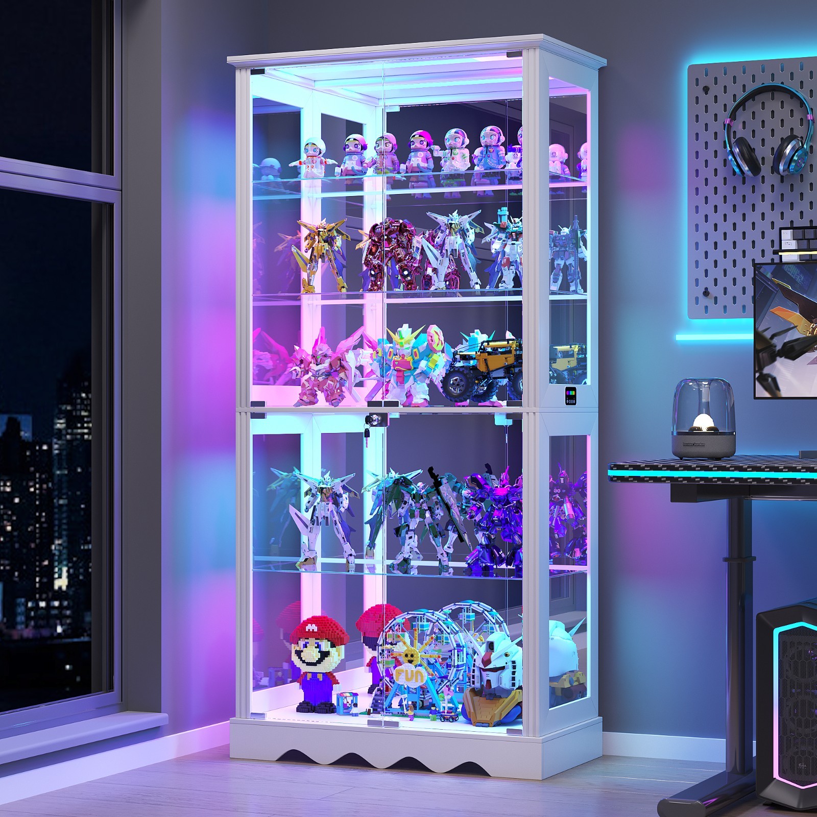 71″ Curio Cabinet with Glass Doors, Glass Display Case with RGB Lights for Model