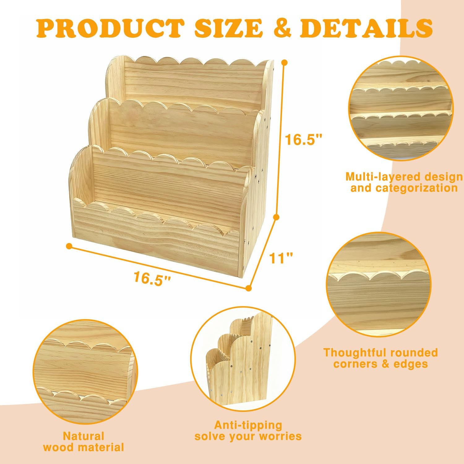 Scalloped Book Shelf for Kids, 3-Tier Wooden Bookshelf 16.5*16.5*11in Natural