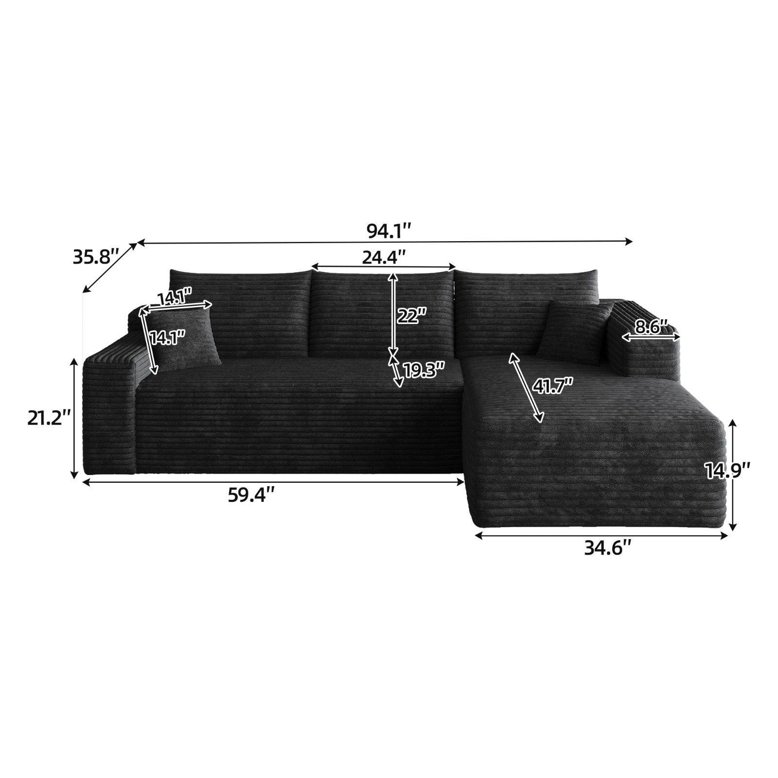 95″ Boneless Couch Right Chaise L Shape Sectional Cloud Sofa Set for Living Room