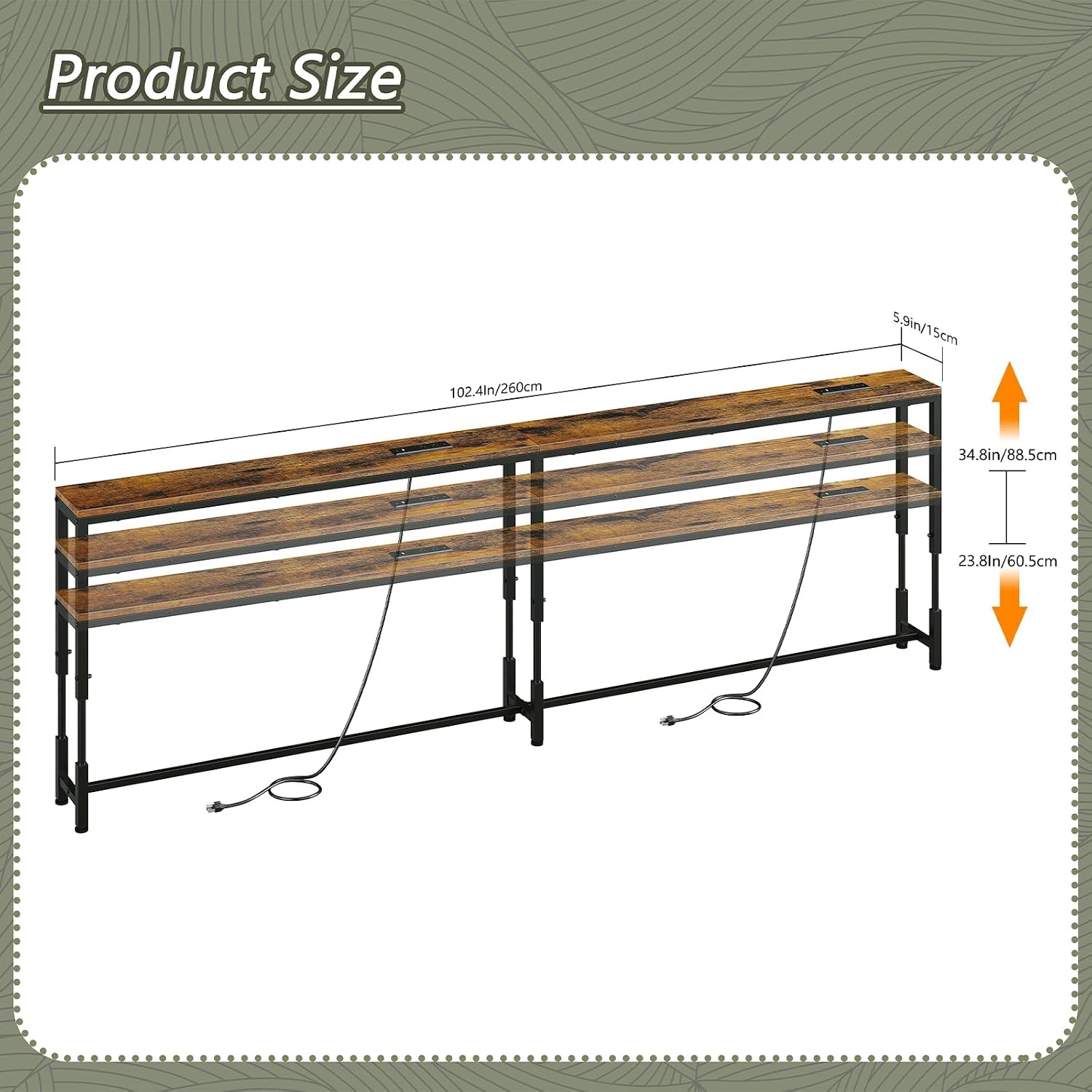 110.2″ Behind Couch Table Adjustable Height 23.8~34.8″ with 2 Charging Stations,