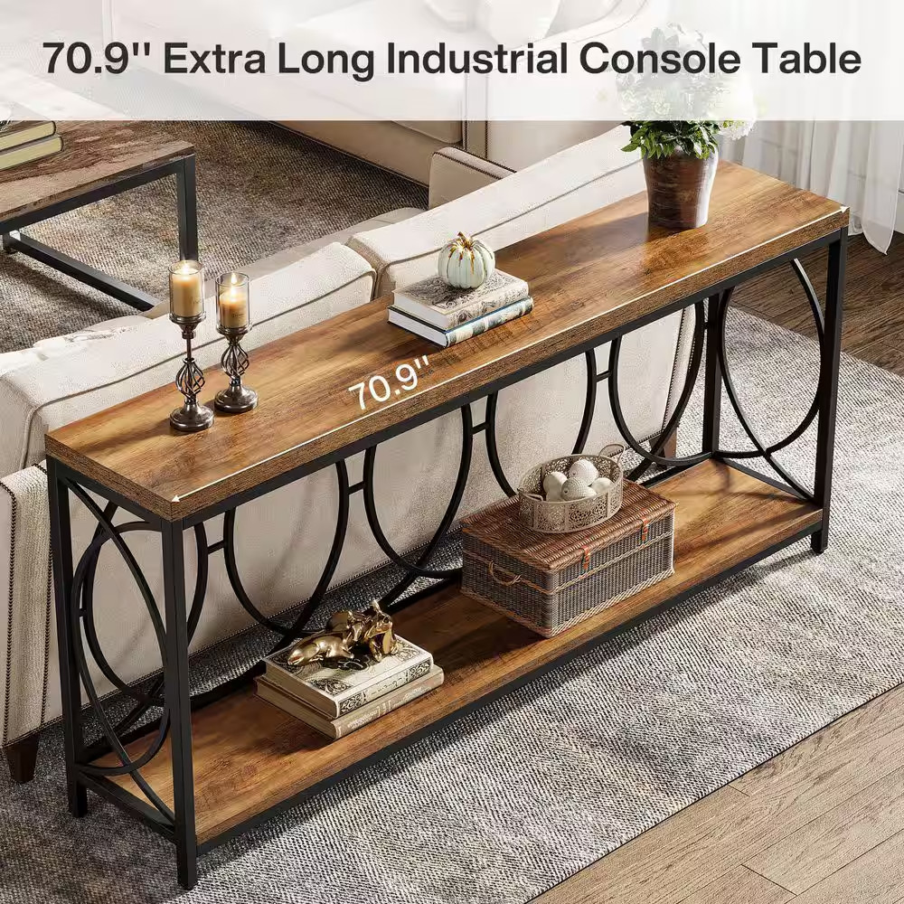 Turrella 70.9 In. Brown and Black Entryway Table, Industrial Rectangle Wood Cons