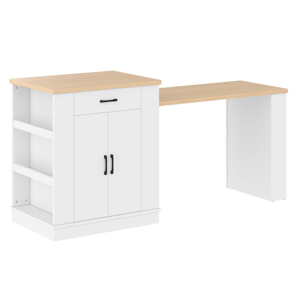 Extendable island console with drawers double door cabinet and open shelving