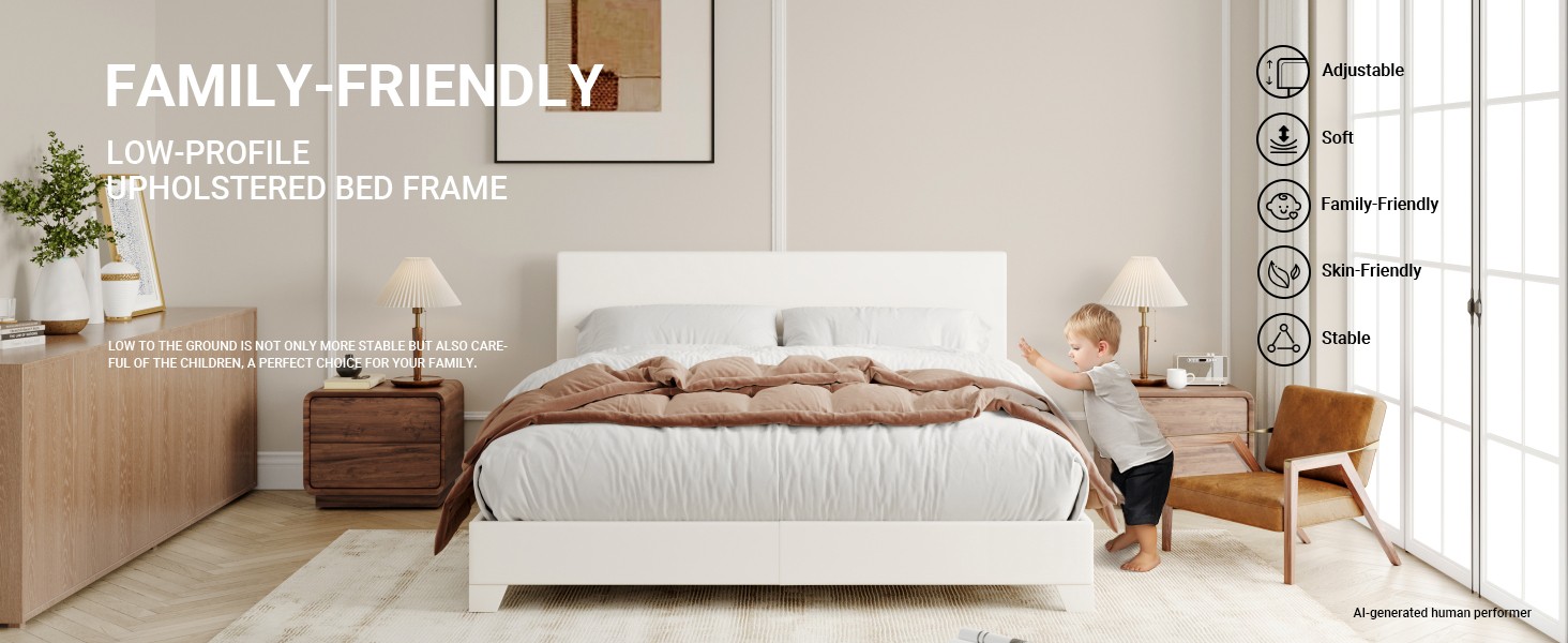 Full Size Bed Frame with Adjustable Headboard, Faux Leather Platform Bed with