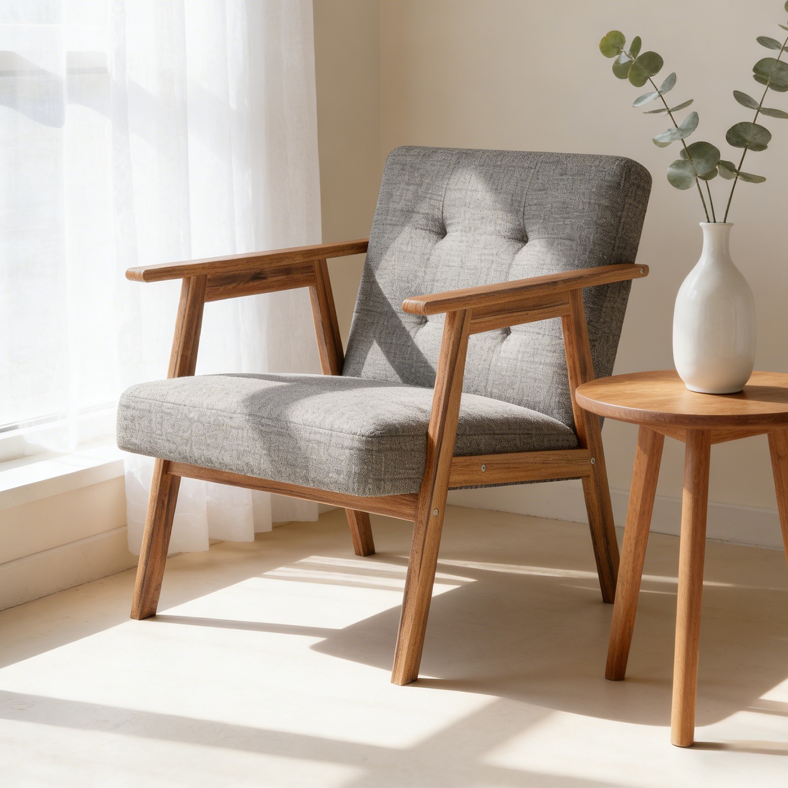 Light Grey Modern Accent Chair with Walnut Finish – Thick Cushion