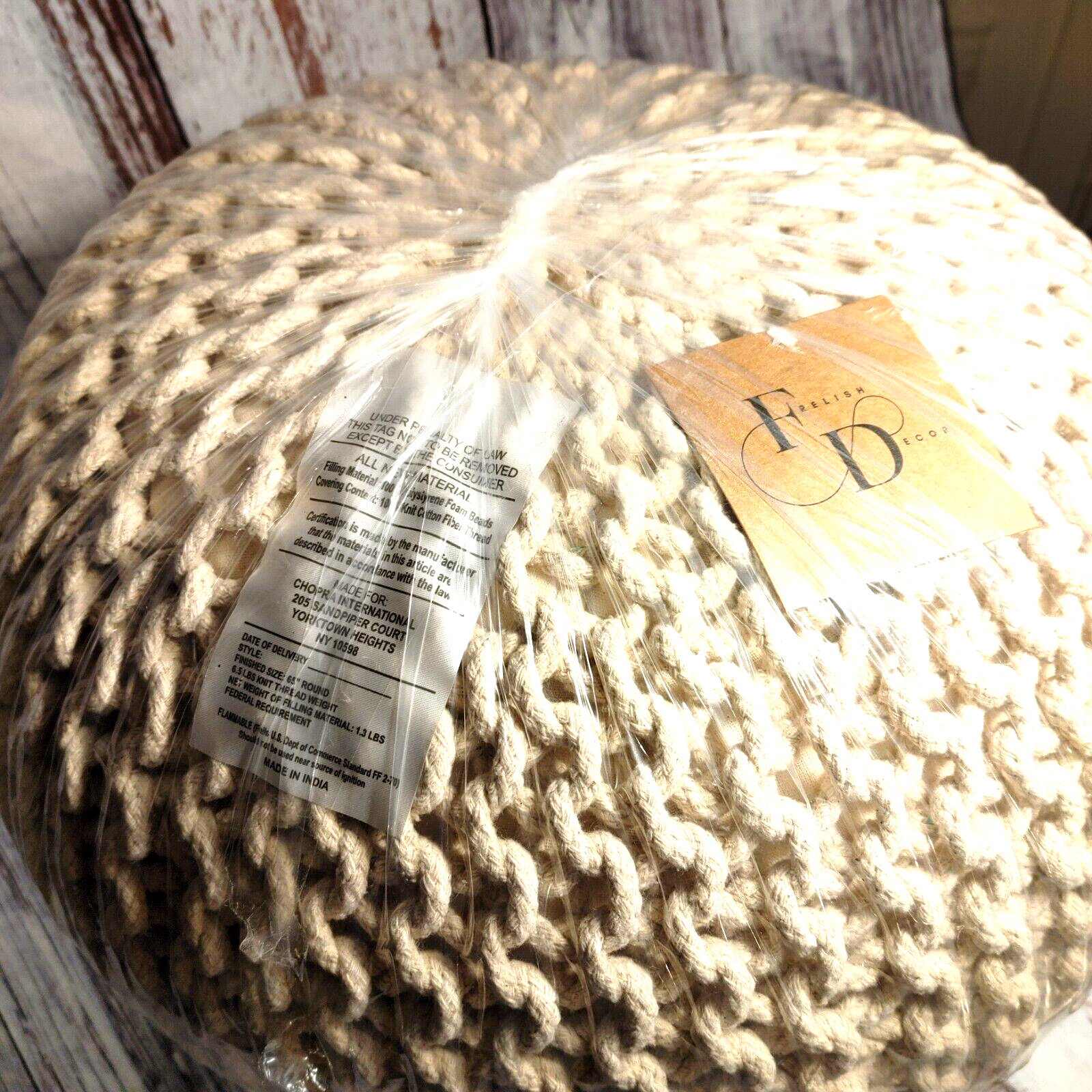 Foot Spool, braided rope, firm, tan, filled with 100% poly, covered 100% cotton.