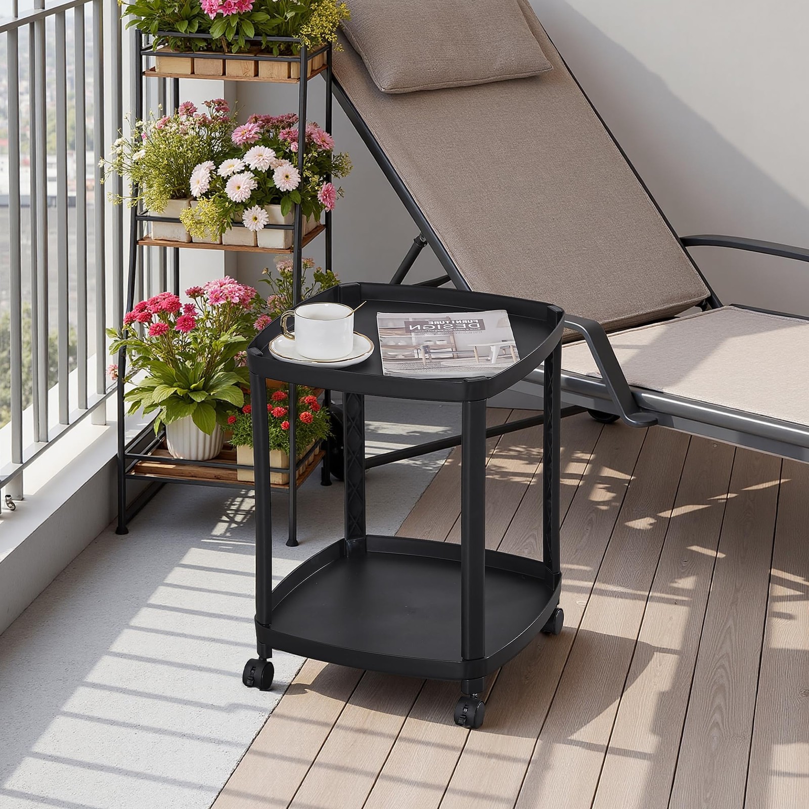 VECELO Rolling End Side Table with Lockable Wheels, 2‑Tier Plastic Mobile Sof…