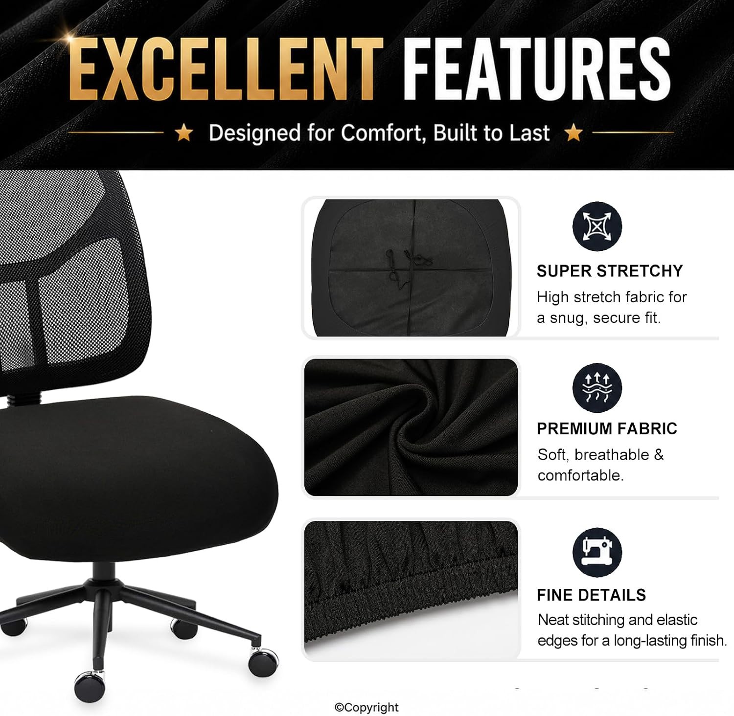 Stretchy Office Chair Cushion Cover – Water-Resistant & Stylish Black