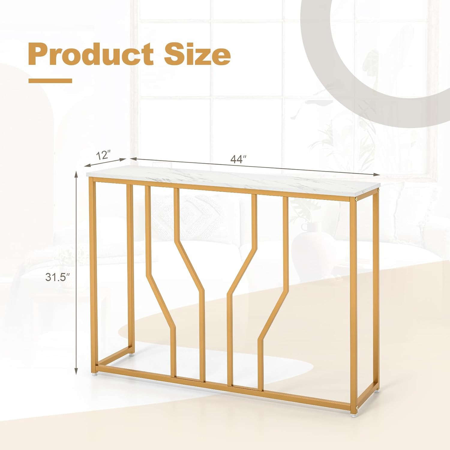 Modern Gold Console Table with Faux Marble Top & Geometric Metal Frame