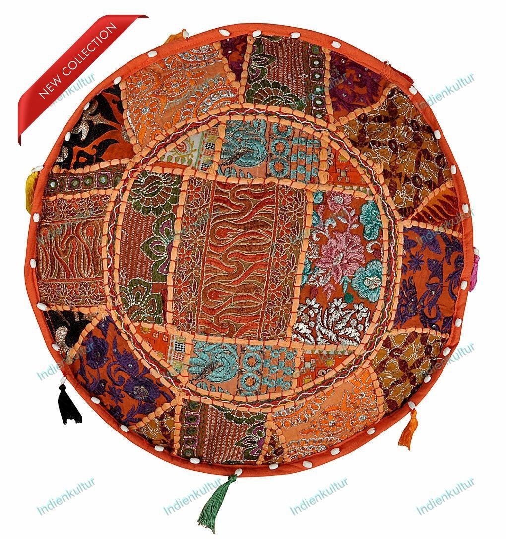 Indian Floral Cotton Orange Foot Stool Seating Handcrafted Ottoman Pouf
