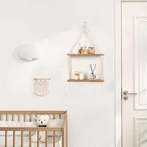 Macrame Hanging Shelf Boho Wall Decor 2 Tier Handmade Cotton Rope Rustic Wood