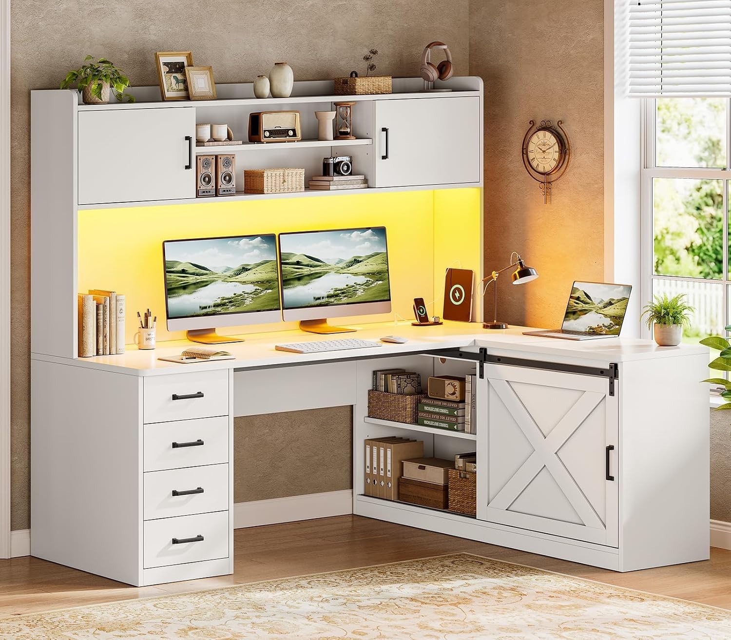 55″ Farmhouse L Shaped Computer Desk with 4 Storage Drawers, Hutch and LED Light
