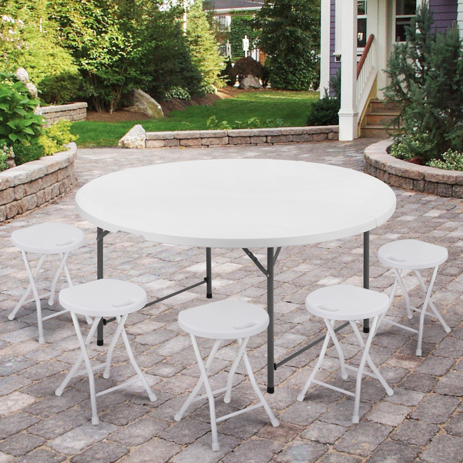 White[5 FT FOLDABLE ROUND TABLE]Gathering Party Portable Card Game Desk w/Handle