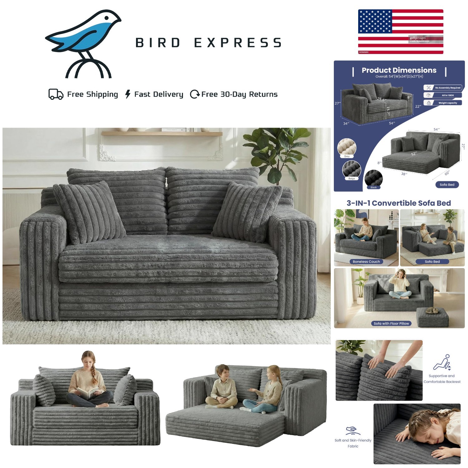 3-in-1 Convertible Sofa Bed Boneless Couch Grey w Removable Cushions & Pillows