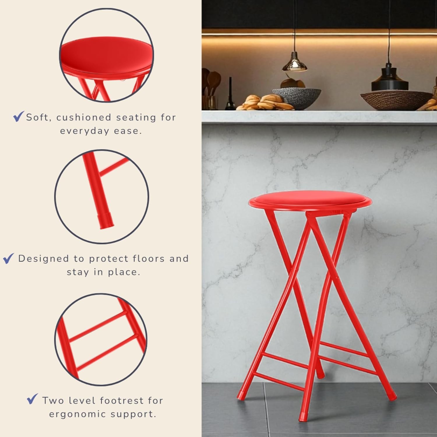 2 Red Folding Stool Chairs 24-Inch Counter Height Backless 225lb Capacity