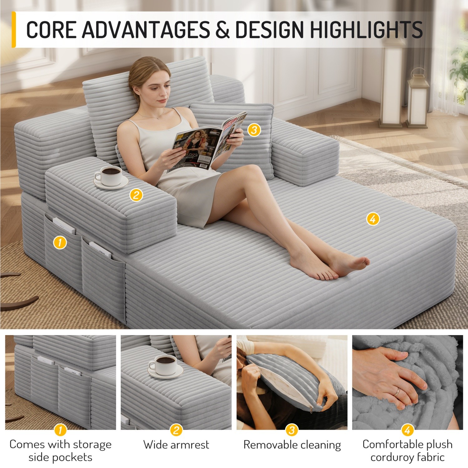 Modern Plush Corduroy Sofa Bed Chaise Lounge No Assembly Required for Apartment