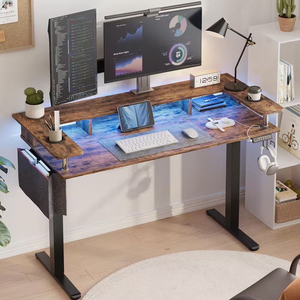 58 In. Rectangular Rustic Brown Wood Sit to Stand Desk with Monitor Stand and Cu