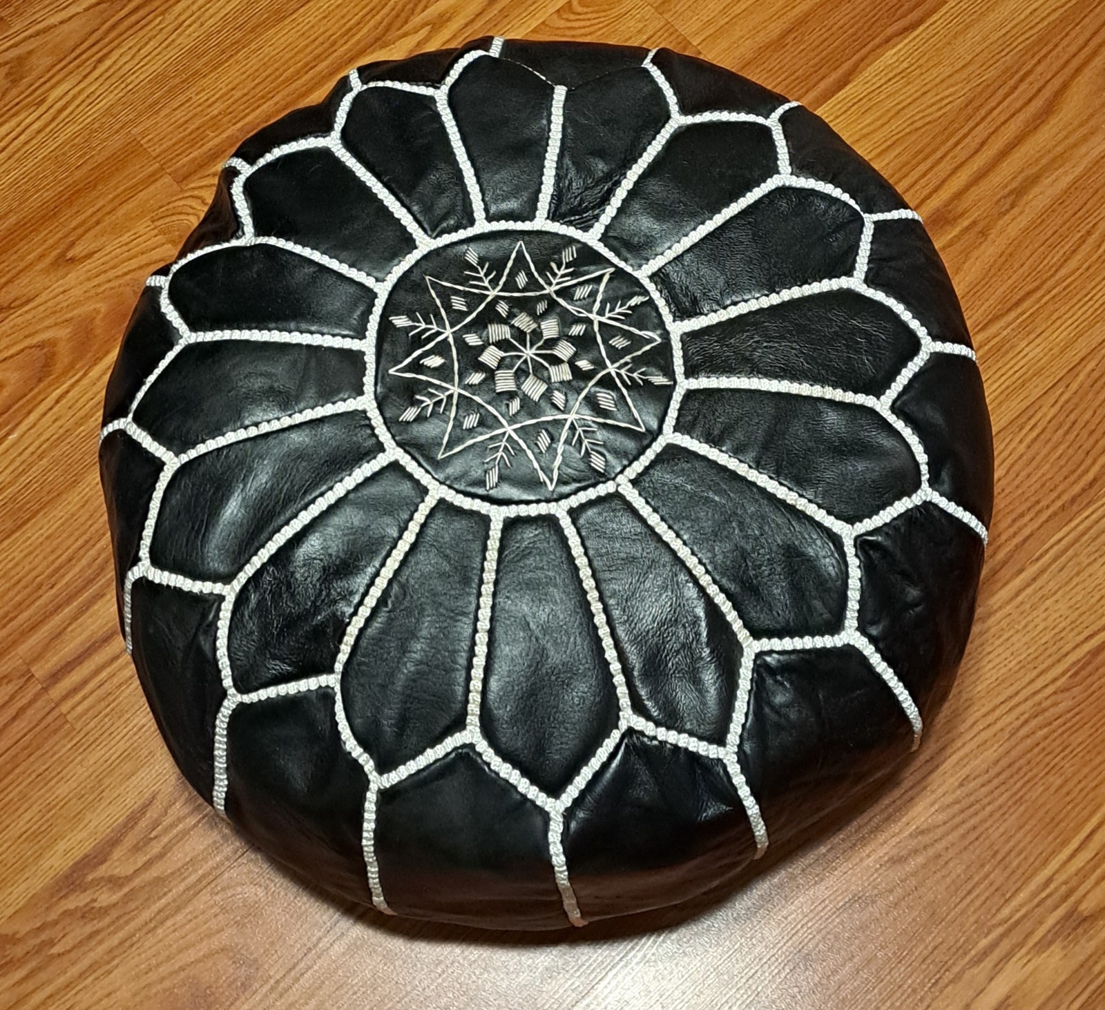 Handmade Moroccan Pouf, Authentic Leather, Hand-stitched Ottoman, Black