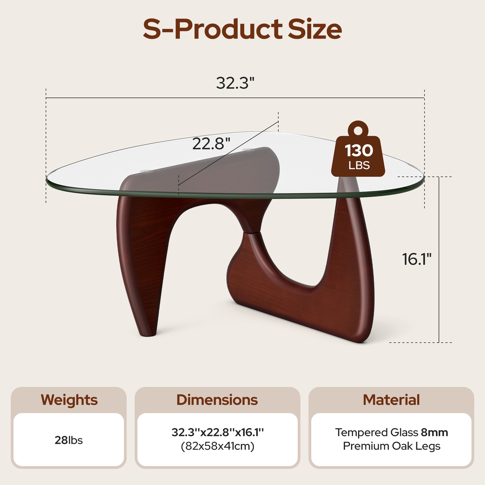 Classic Glass Coffee Table Triangle Glass Top Premium Solid Hardwood Base Walnut