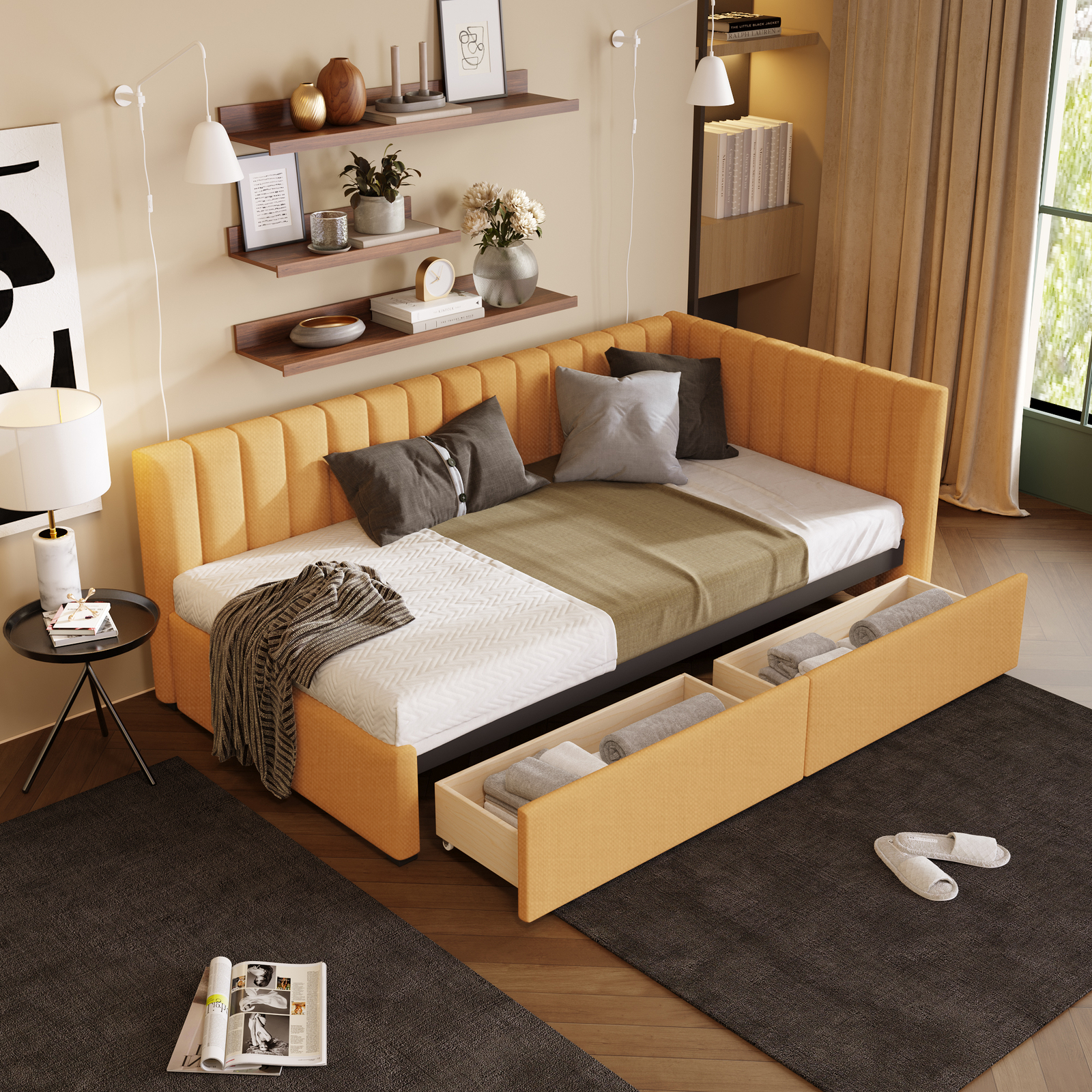 Twin Size Linen Fabric Daybed +2 Storage Drawers Headboard Sofa Bed Frame Yellow