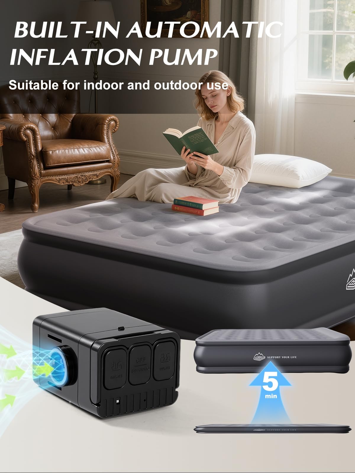 JUITOY Queen Air Mattress with Built in Pump, 18″ (U.S. Standard), Grey
