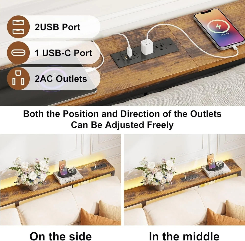 Adjustable Height Rustic Brown Sofa Table with LED Lights & Charging Station