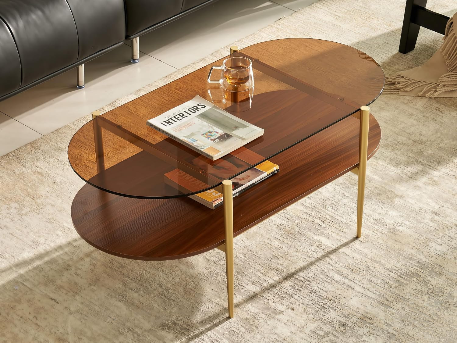 Oval Coffee Table, Mid-Century Modern Design, 2-Tier Structure, Amber Glass Top