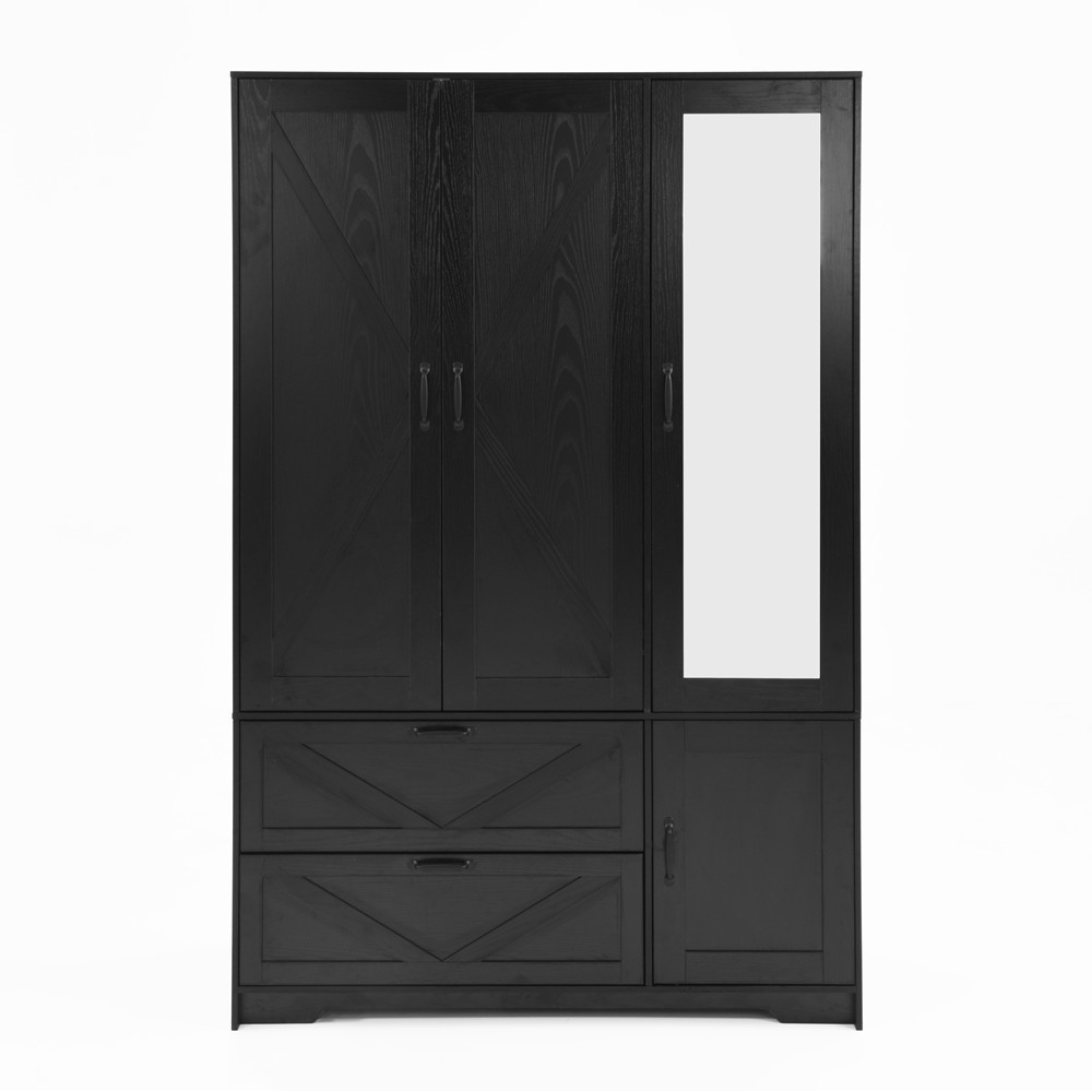 4 Doors Freestanding Wardrobe, Mirror Armoire Closet Storage Cabinet, 2 Drawers