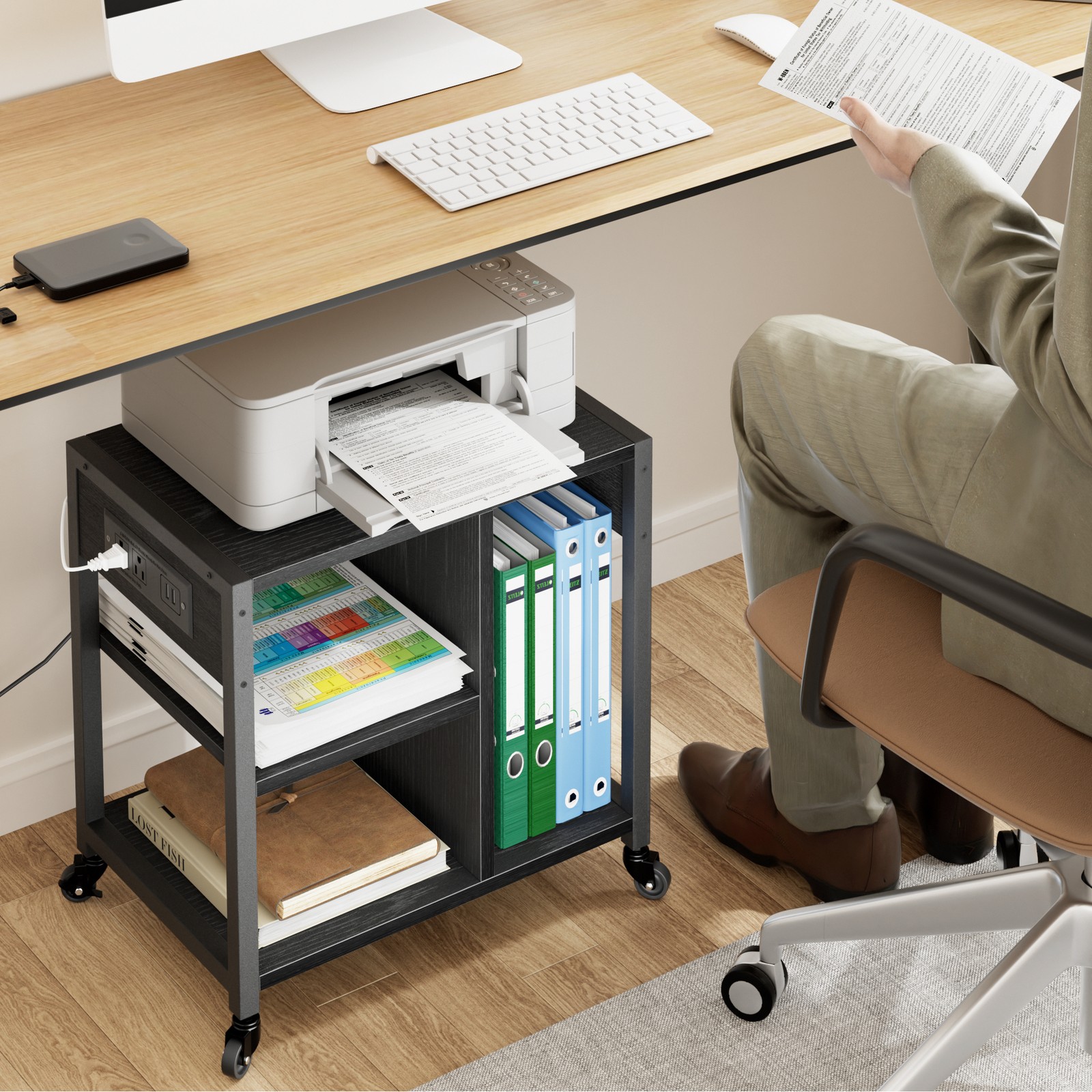 Printer Stand Rolling Under Desk Printer Cart Printer Table with Power Outlets