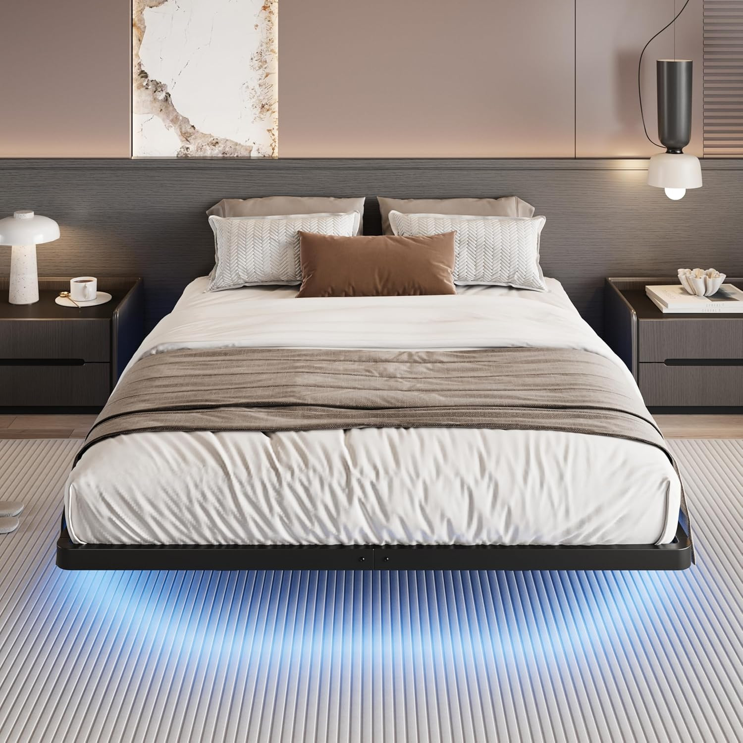 Full Size Floating Bed Frame with Smart LED Lights, Black | Modern Design Metal