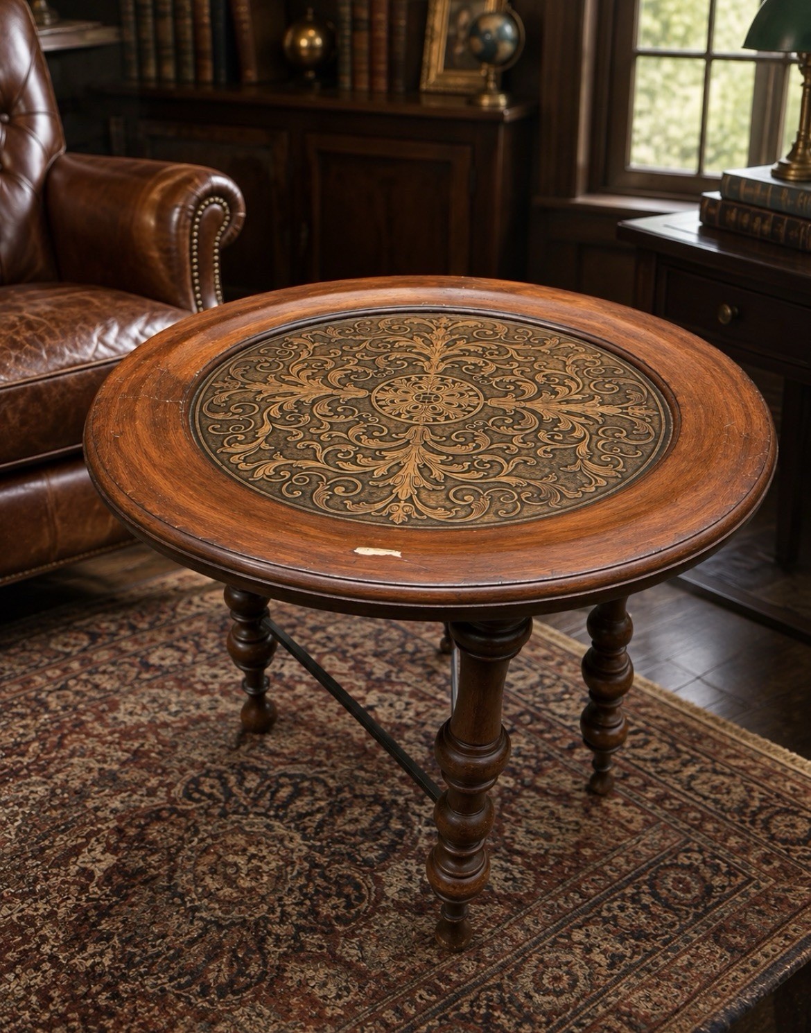 Vintage Ornate Round Wood Accent Table Gold Floral Medallion Turned Legs