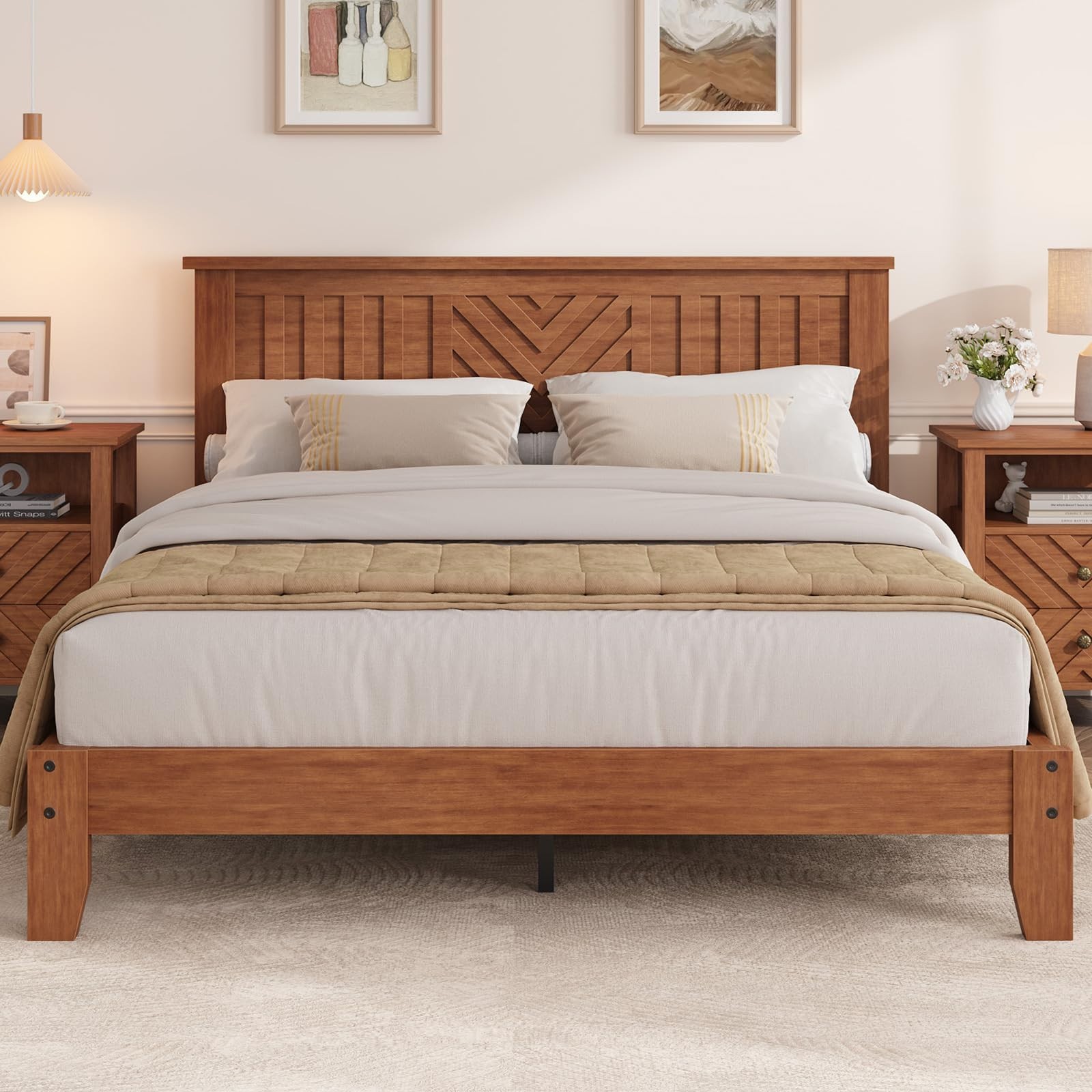 Full/Queen/King Platform Bed Frame with Headboard, Wooden Slat Support