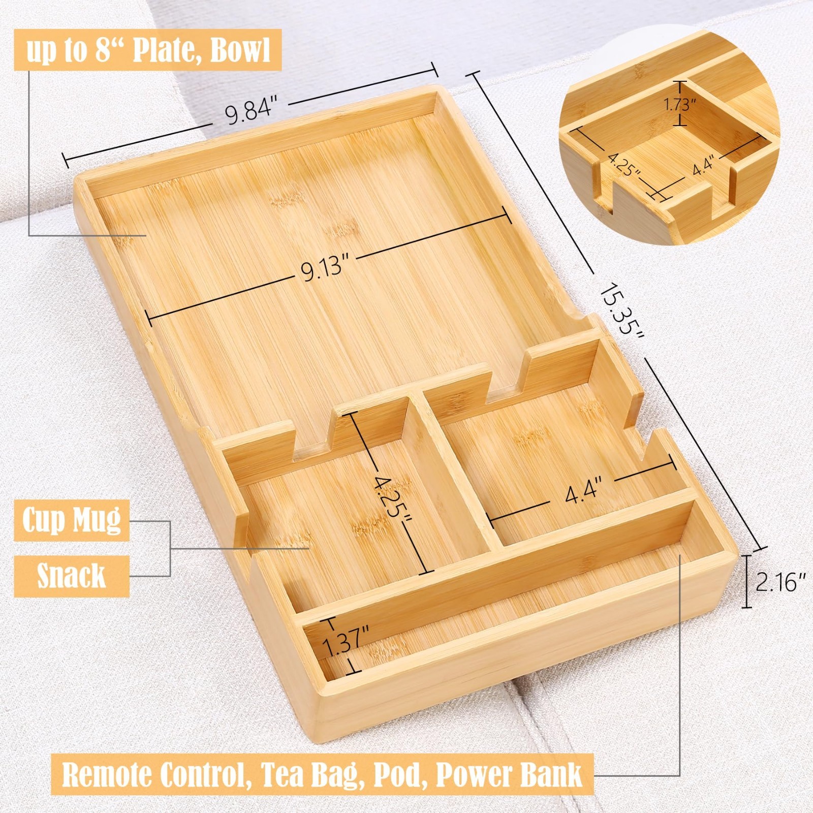 2-in-1 Bamboo Couch Tray Organizer with Cup Holders – Fits Sofa Gaps & Ottomans,