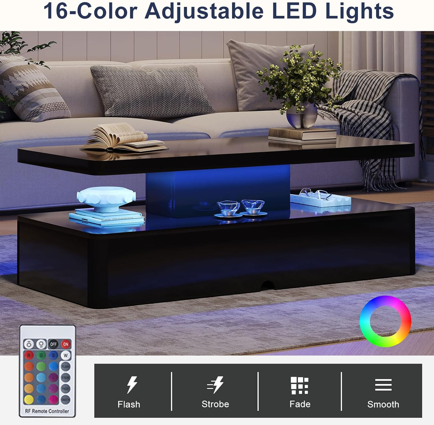 Modern 3-Piece LED Coffee Table Set with Storage – Black High Gloss Finish