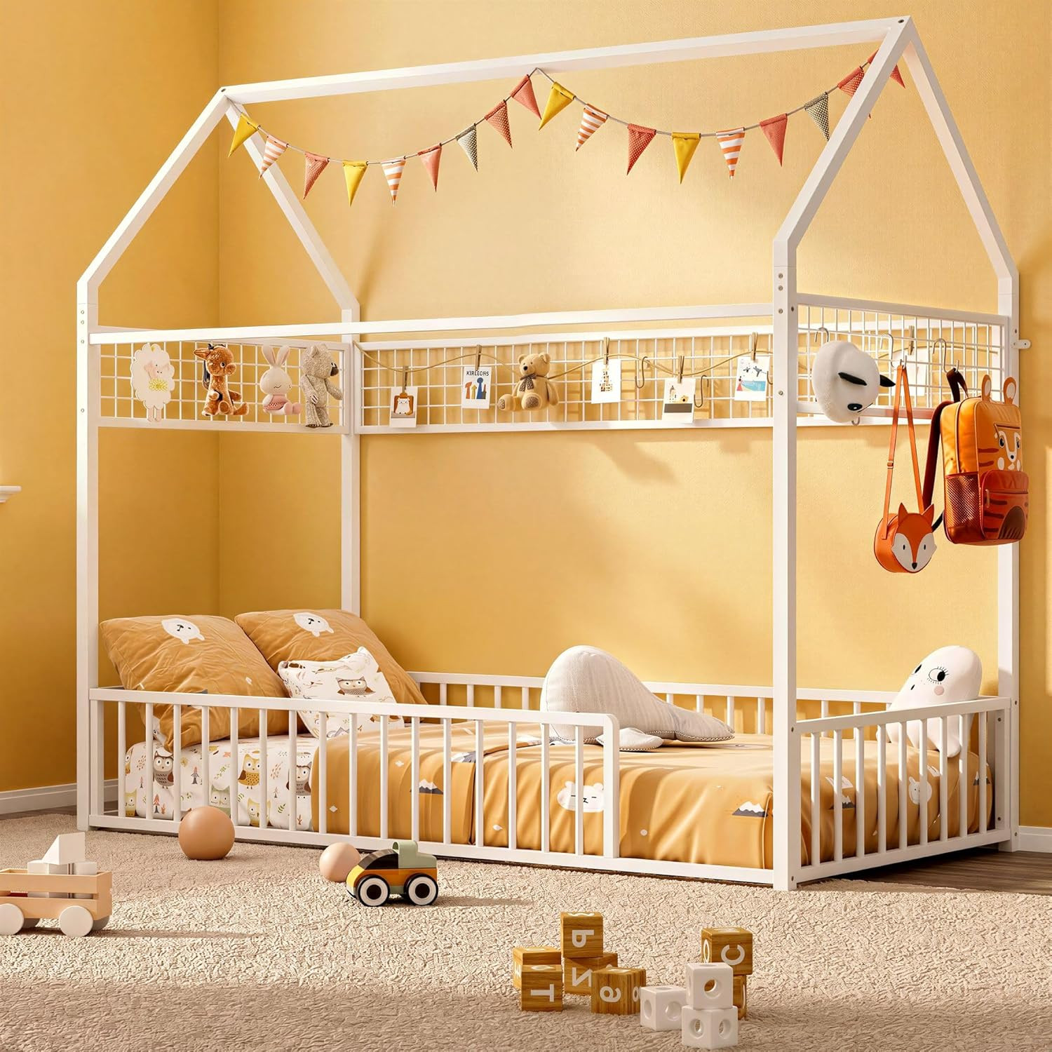 Twin Metal Floor Bed Frame with Guardrails & Mesh – Space Saving, White