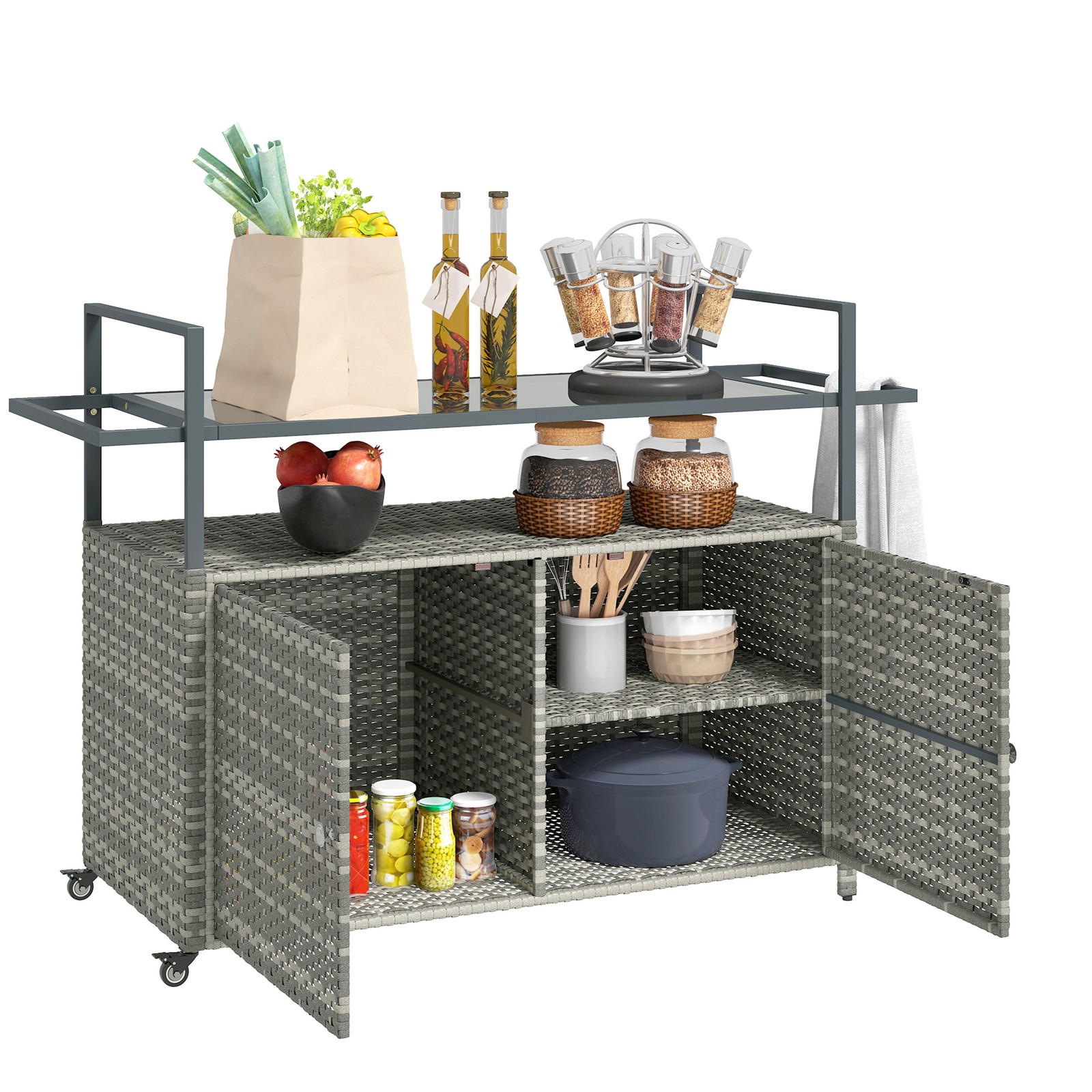 Outsunny PE Rattan Outdoor Bar Table with 2-Tier Shelf, Patio Serving Cart