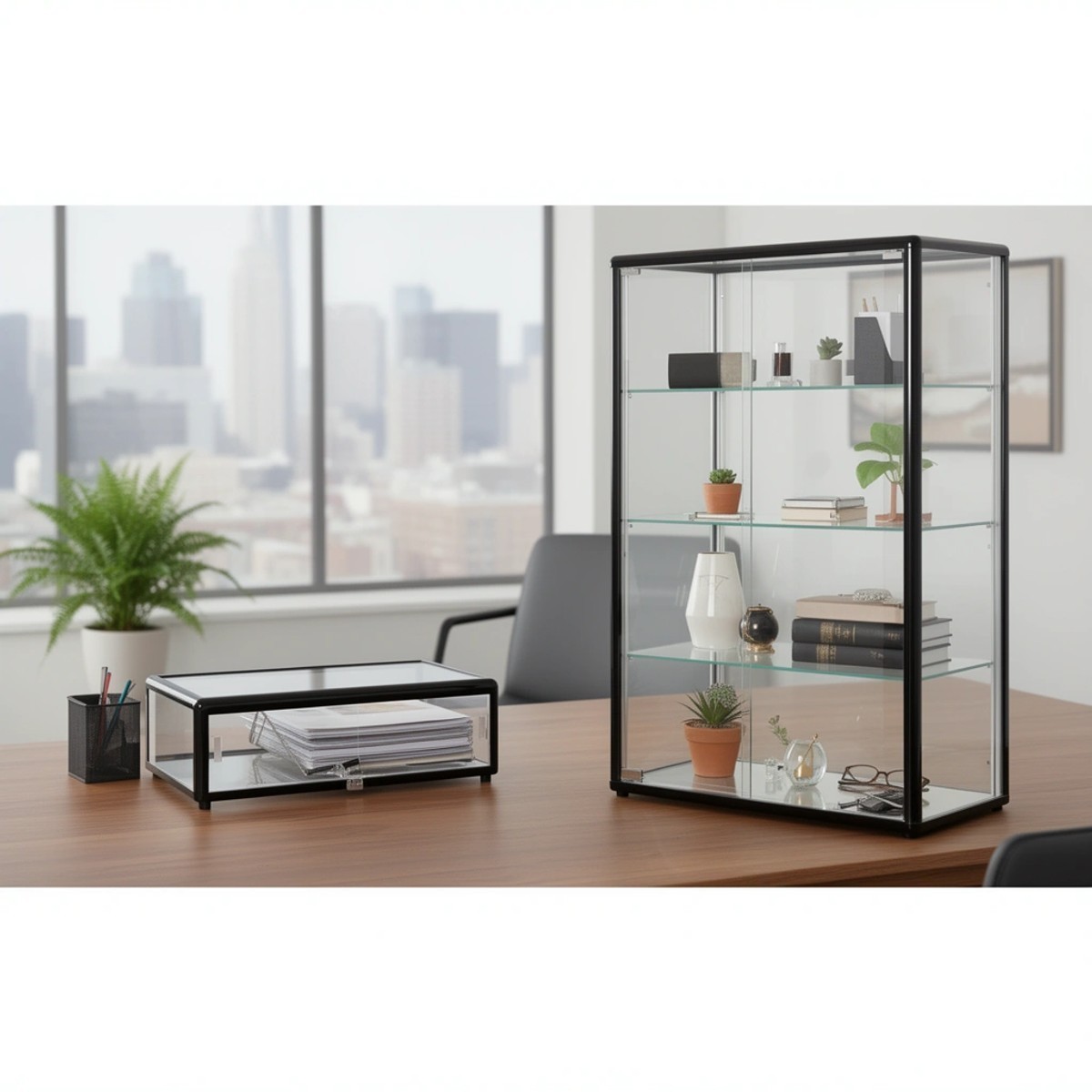 AMKO 24 x 12 x 18 in. Glass Countertop Showcase Tower Display Case Black