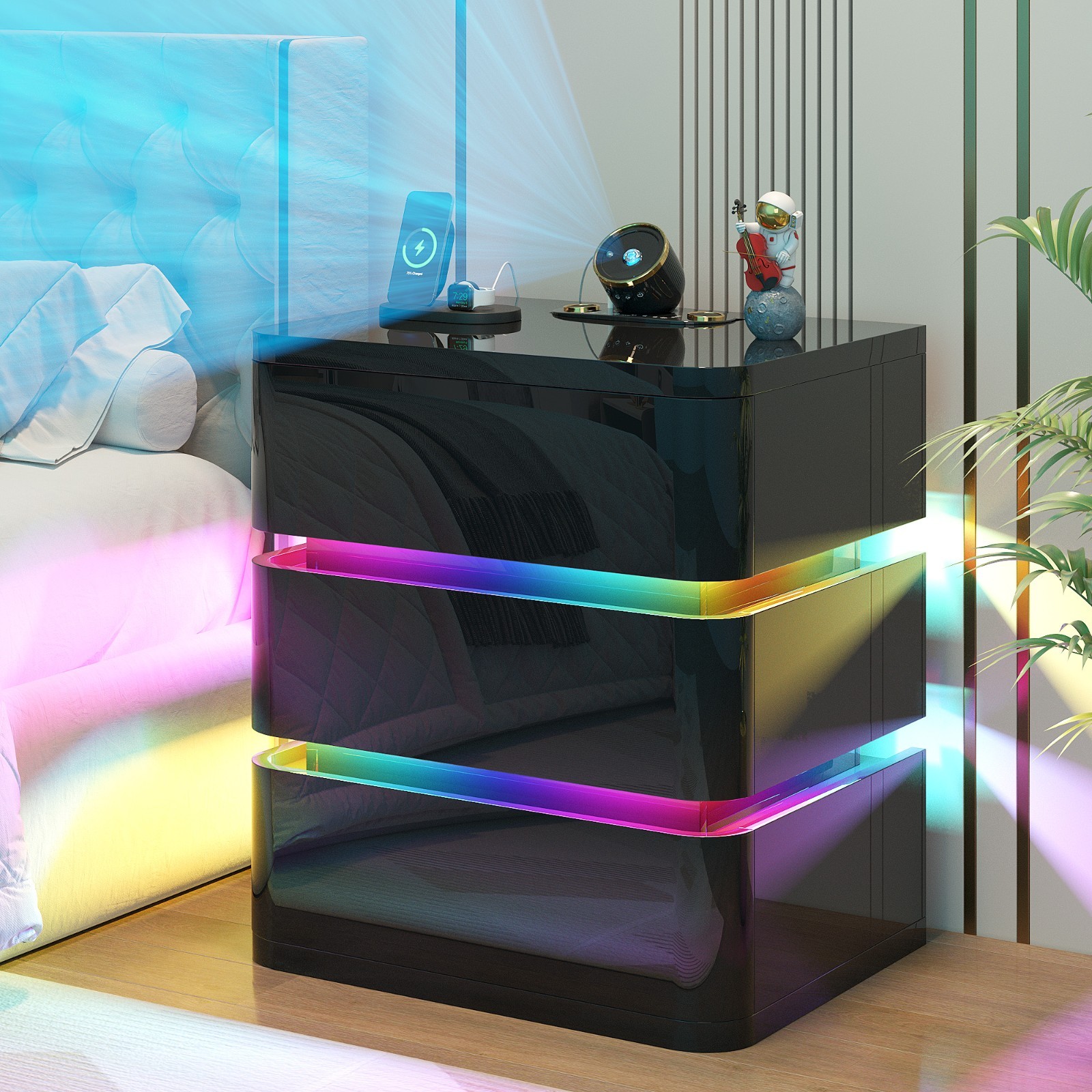 Night Stand with Galaxy Projector, Fully Assembled Nightstand with RGB Lights